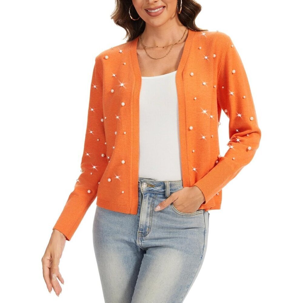 Women’s Long Sleeve Pearl Rhinestone Embellished Cardigan Open Front